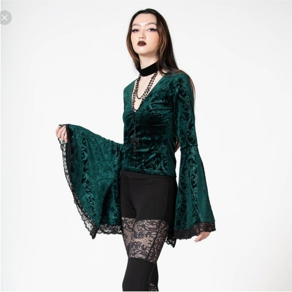 Emerald Aetheling velvet top Unicorn print Ethereal alt goth bell sleeve - Picture 2 of 5